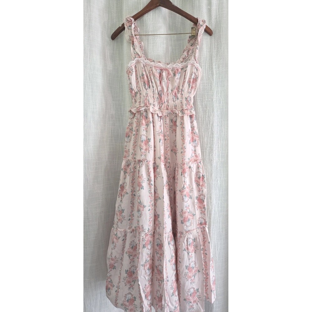 Trixxi Floral Tiered Smocked Midi Dress Cottagecore Women's Small Pink